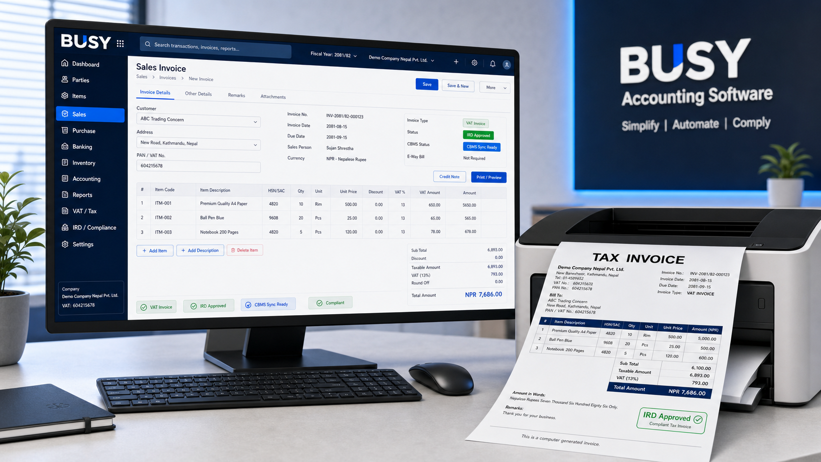 BUSY software sales invoice screen with printer generating an IRD approved tax invoice
